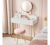 VASAGLE Tocador con Taburete e Iluminación, Regleta de Enchufes, Espejo Giratorio, 40 x 80 x 134,8 cm, Tocador con Cajones, Taburete Tapizado, Blanco Mate y Dorado Pálido RVT019W01