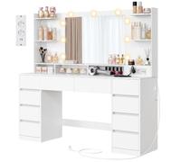 VASAGLE Tocador de Maquillaje con Luz, Mesa de Maquillaje con Espejo y Cajones, Escritorio con Enchufe y Puertos USB, 137 x 40 x 144,3 cm, Blanco Nube, Colección Kailyn RDT341WB01