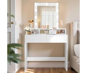 VASAGLE Tocador, Mesa de Maquillaje con Espejo, 2 Cajones | Espejo Grande, 3 Compartimentos, Moderno, Blanco Nube, KAILYN Colección RDT114W01