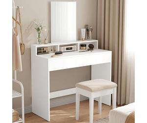 VASAGLE Tocador, Mesa de Maquillaje con Espejo Grande, 2 Cajones | Gabinete con 3 Compartimentos, Estilo Moderno, Blanco, Colección KAILYN RDT163W01