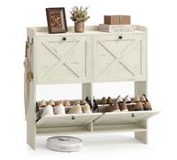 VASAGLE Zapatero Entrada Recibidor, con 4 Puertas Abatibles, Ganchos | 105,5 x 24 x 101,7 cm, Mueble Zapatero para Entrada, Pasillo, Blanco Rústico, Colección Hanis HSC403WJ01