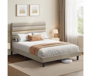 VASAGLEMarco de Cama Matrimonial, Marco para Colchón de 160 x 200 cm, Cabecero Acolchado Ajustable, Metal y Madera, Estilo Moderno, Beige Cappuccino RMB505LH01