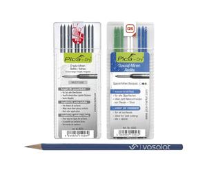 Vasalat Pica Dry - Juego de 10 minas de repuesto de grafito 2B multiuso y 8 minas de repuesto resistentes al agua en azul/blanco/verde