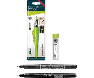 vasalat Pica Fine Dry - Rotulador para agujeros profundos (incluye minas de repuesto HB + lápiz permanente fino negro + marcador permanente blanco, juego de 4 unidades)