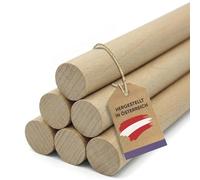 vasalat Varillas de madera lisas para manualidades, 100 cm x 20 mm, madera de haya natural, contenido, 6 unidades