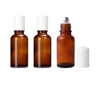 VASANA 3 botellas de vidrio ámbar rellenables de 30 ml con bolas de rodillo de acero inoxidable y tapa blanca, botella de viaje enrollable para perfume