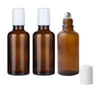 VASANA 3 botellas de vidrio ámbar vacías recargables de 50 ml con bolas de rodillo de acero inoxidable y tapa blanca, botella de viaje enrollable para perfume, frascos de perfume para aceites