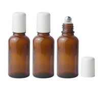 VASANA 3 botellas de vidrio ámbar vacías rellenables de 30 ml con bolas de rodillo de acero inoxidable y tapa blanca, botella de viaje enrollable para perfume, frascos de perfume para aceites