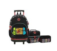 Vasari Pack Escolar Niño Mochila Ruedas + Fiambrera + Estuche Gaming Dragon. Doble Compartimento, Bolsillos Laterales e Interiores, Ruedas de Caucho y Forro, Llavero. Negro - 30 L de Capacidad
