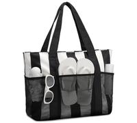 VASCHY Bolsa Playa Grande XXL Familiar, Bolsa Playa de Malla con Cremallera Bolsa de Viaje Impermeable Bolso de Hombro para Mujer Plegable Bolsa de Mano para Playa/Shopper/Diario, Negro Blanco