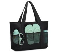 VASCHY Bolsa Playa Grande XXL Familiar, Bolsa Playa de Malla con Cremallera Bolsa de Viaje Impermeable Bolso de Hombro para Mujer Plegable Bolsa de Mano para Playa/Shopper/Diario, Negro