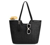 VASCHY Bolsa Tote Boho de Paja para Mujer, Bolsa de Hombro Plegable con Cremallera, Negro