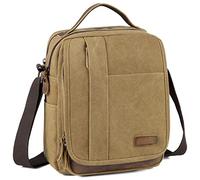 VASCHY Bolso Bandolera Hombre Pequeño de Lona y Cuero, Resistente al Agua, 7,7 L, Cabe iPad 10,2", Bolsillo Trasero Antirrobo, Múltiples Bolsillos, Para Trabajo y Viaje, Caqui