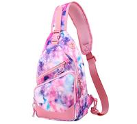 VASCHY Bolso de Pecho Mujer, Mochila Bandolera Impermeable Mochila Cruzada Ligero para Hombre Mujer Mochila Pequeña con Puerto para Auriculares para Senderismo/Deporte/Viaje/Exterior, Galaxia Rosada