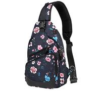 VASCHY Bolso de Pecho Mujer, Mochila Bandolera Impermeable Mochila Cruzada Ligero para Hombre Mujer Mochila Pequeña con Puerto para Auriculares para Senderismo/Deporte/Viaje/Exterior, Flores Azules