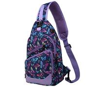 VASCHY Bolso de Pecho Mujer, Mochila Bandolera Impermeable Mochila Cruzada Ligero para Hombre Mujer Mochila Pequeña con Puerto para Auriculares para Senderismo/Deporte/Viaje/Exterior, Mariposa Púrpura