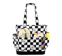 VASCHY - Bolso de playa para mujer, con múltiples bolsillos, 17,3 L, plegable, ligero, resistente al agua, bolsa de asas con cremallera, para vacaciones, viajes, piscina, gimnasio, Damier Negro Blanco