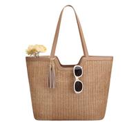 VASCHY Bolso Shopper Mujer de Paja con Cremallera, Tote Mediano 34 x 15 x 34 cm, Forro y Bolsillos, Estilo Boho con Borlas Desmontables, Capazo Urbano para Compras y Ciudad, Marrón