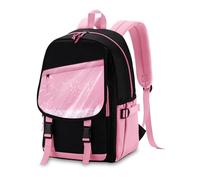VASCHY Mochila Escolar Niña 6-12 Años con Lentejuelas - Impermeable 21L para Primaria y Instituto - Mochila Adolescente Grande con Correas Acolchadas, Negro Rosa