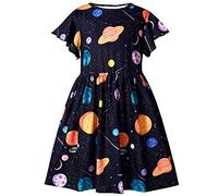 VASCHY Vestidos de Niña, Vestido Manga Larga Corta Impreso Vestido Unicornio Princesa Mariposa Sirena Vestidos Ropa Algodón Fiesta de Verano Vestido Festivo 3-10 años, Espacio-DX 4T