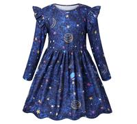 VASCHY Vestidos de Niña, Vestido Manga Larga Corta Impreso Vestido Unicornio Princesa Mariposa Sirena Vestidos Ropa Algodón Fiesta de Verano Vestido Festivo 3-10 años, Espacio Azul 4T