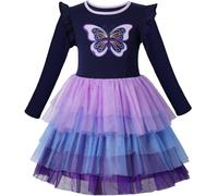 VASCHY Vestidos de Niña, Vestido Manga Larga Vestido Unicornio Princesa Mariposa Sirena Vestidos Ropa Tul Fiesta de Verano Vestido Festivo 2-10 años, Mariposa-CX109, 7T