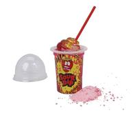 Vasito de plástico lleno de pica-pica y un caramelo con palo de sabor ALEATORIO (fresa o manzana o cola)