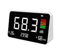 Vasiumic Medidor de ruido medidor de decibelios con temporizador, monitor de temperatura y humedad, indicador visual de 3 LED, detector de nivel de sonido de montaje en pared, oficina, fábrica