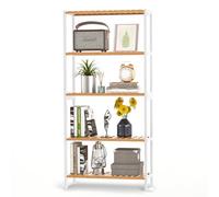 VASMIA Estantería de bambú de 5 Niveles,Mueble de Baño Independiente con Estantes Ajustables para Entrada, Baño, Sala de Estar, Balcón, Cocina,26 x 60 x 130 cm,Natural y Blanco