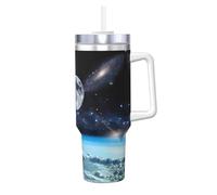 Vaso aislado al vacío Ice Bully de 40 onzas con pajilla con asa, impresión completa de planeta espacial, taza de acero inoxidable