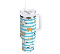 Vaso aislado de acero inoxidable con pajilla, resistente a fugas, 1,134.0 g, con diseño de estrella de mar a rayas azules y blancas, botella de agua abatible de 40 onzas, taza de café reutilizable al