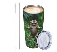 Vaso aislado de acero inoxidable de 590 ml, a prueba de fugas, taza de café de viaje con tapa y pajita, diseño de mono jugando felizmente en la selva, vasos de regalo para mujeres, hombres y amantes