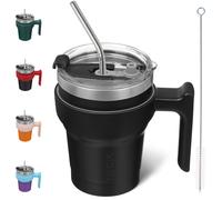 Vaso BJPKPK con asa, 10 oz, de acero inoxidable, de doble pared, con aislamiento, tapa y pajita, color negro