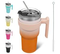 Vaso BJPKPK de 30 oz con asa y pajita, de acero inoxidable, con aislamiento y tapa, reutilizable, de metal, color coral