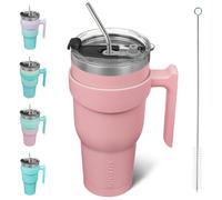 Vaso BJPKPK de 40 oz con asa y pajita, de acero inoxidable, con aislamiento y tapa, reutilizable, de metal, color rosa claro