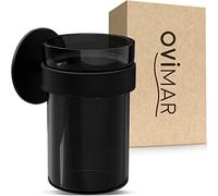 Vaso Cepillo de Dientes ovimar Engeloya | Negro | sin taladrar | de Cristal y Acero Inoxidable para el baño | con Vaso extraíble y Soporte para Cepillo de Dientes | para Pegar en la Pared