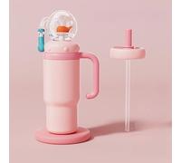 Vaso con fuente de ballena de acero inoxidable con asa, 710 ml, dos tapas, a prueba de derrames, apto para lavavajillas, lindo y perfecto para niños, adolescentes y adultos. (rosa)