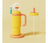 Vaso con fuente de ballena de acero inoxidable con asa, 710 ml, dos tapas, a prueba de derrames, apto para lavavajillas, lindo y perfecto para niños, adolescentes y adultos. (amarillo)