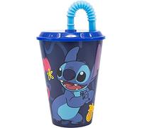 Vaso con pajita, Stitch, Disney, vaso para niños, plástico reutilizable semirrígido, BPA Free, capacidad 430 ml