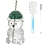 Vaso Cristal con Pajita y Tapa, 550ml Vaso Matcha Bonito en Forma de Osito, Taza para Leche, Vaso para Bubble Tea con Tapón Sombrero, Incluye Cepillos de Limpieza