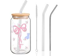 Vaso Cristal con Tapa y Pajita, 500 ml Elegante Vasos de Cristal Bow, Taza de Cafe de Vidrio, Regalo para Mejor Amiga, Taza de Bebida para Café Helado, Té de Burbujas, Jugo, Refrescos, Matcha, Cóctel