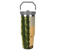 Vaso de 30 oz con pajita y asa - Taza de viaje de acero inoxidable con aislamiento de cactus verde - Taza de vacío a prueba de fugas para café y agua, regalo de cumpleaños y Navidad para mujeres y h
