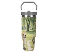 Vaso de 30 oz con pajita y asa - Taza de viaje de acero inoxidable con aislamiento floral de Corgi - Taza de vacío a prueba de fugas para café y agua, regalo de cumpleaños y Navidad para mujeres y h