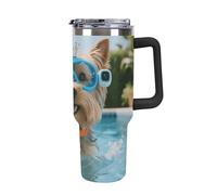 Vaso de 40 oz con asa y pajita - Yorkshire Terrier en la piscina, taza de viaje de acero inoxidable con aislamiento, taza térmica de vacío de doble pared a prueba de fugas, compatible con portavasos