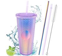 Vaso de 710 ml Con Remaches, Plástico de Doble Pared Con Tapa, 2 Pajitas y Cepillo de Limpieza - Taza de Viaje para Agua, Café Helado, Bebidas Frías (Morado)