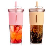 Vaso de 710 ml con tapa y pajita, 2 vasos de té de burbujas con pajita, vasos de plástico con tapa, vaso con paja, vaso para batidos, taza de café helado, vaso (rosa, caqui)