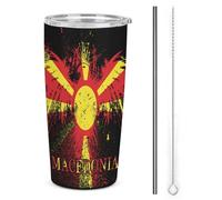 Vaso de acero inoxidable aislado con bandera de Macedonia y águila americana de 20 oz, de doble pared al vacío, para viaje en coche con tapa con pajita, ideal para hombres y mujeres, como regalo de c