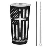 Vaso de acero inoxidable aislado de 20 oz con diseño de banderas de Estados Unidos y la fe sobre el miedo, de Jesús, de doble pared, para viaje al coche con tapa con pajita, para hombres y mujeres, r