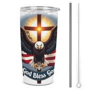 Vaso de acero inoxidable con aislamiento de 20 oz, diseño de águila y cruz, de Dios bendiga a Dios, de doble pared, para viaje al coche con tapa de popote, ideal para hombres y mujeres, como regalo d