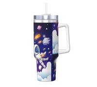 Vaso de acero inoxidable con diseño de galaxia de astronauta, 1,134.0 g, con doble pared aislada al vacío, con asa y tapa de popote 2 en 1